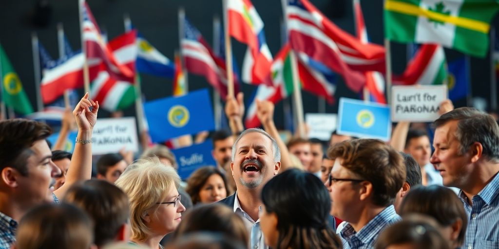 Rally politic cu participanți implicați și diverse steaguri.