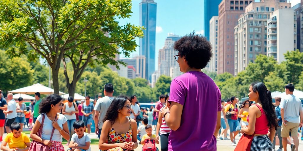 Comunitate diversă interacționând într-un parc public.