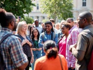Oameni diversi discutând despre importanța votului.