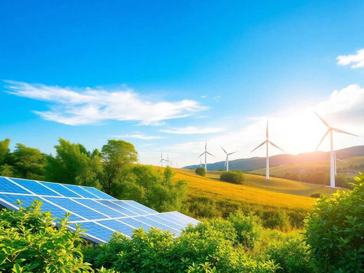 Peisaj verde cu panouri solare și turbine eoliene.