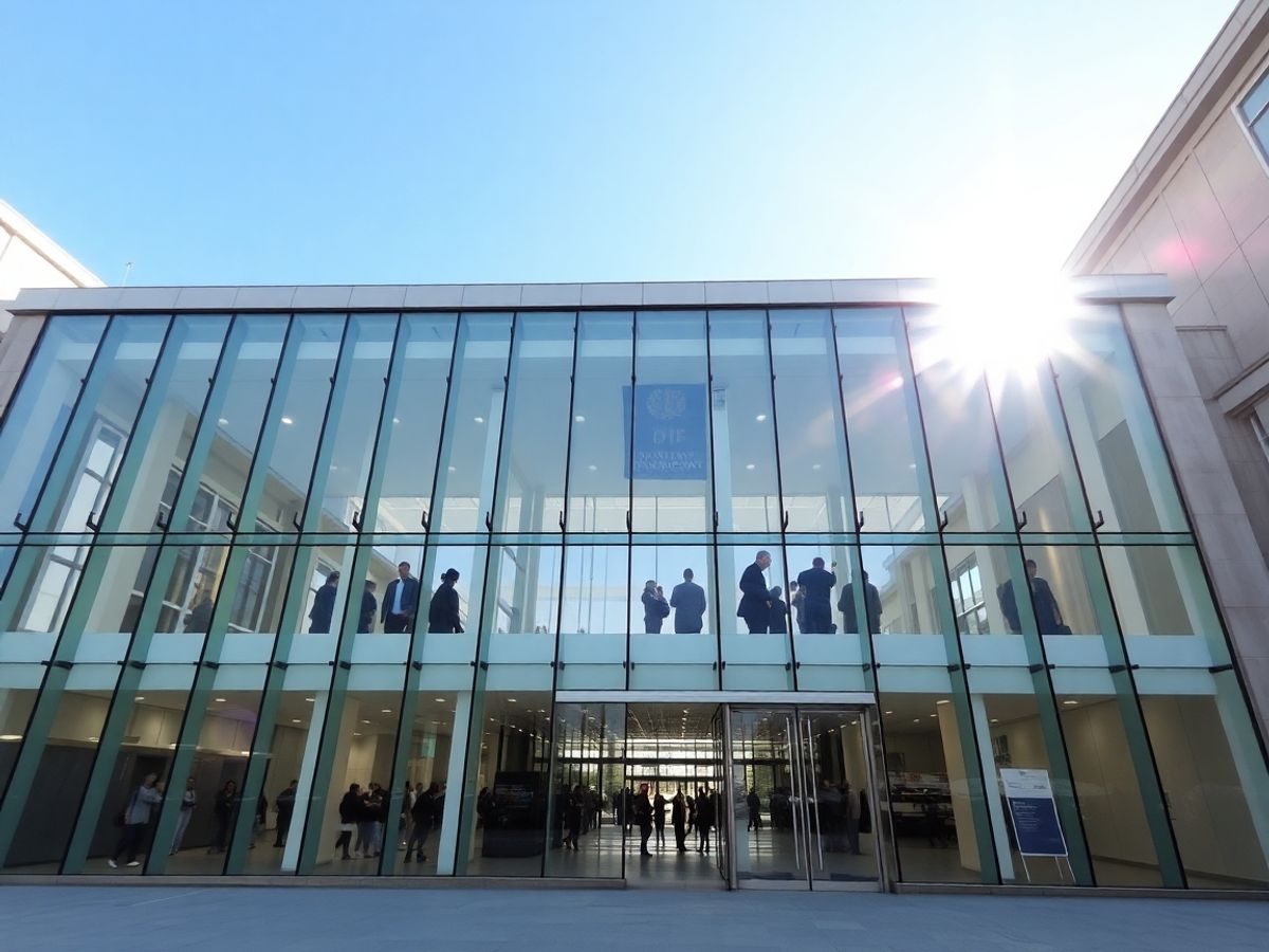 Clădire guvernamentală modernă, arhitectură deschisă, plină de lumină.