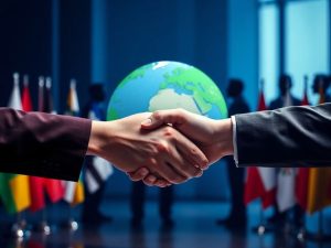 Hărți politice, steaguri și figuri diplomatice în negocieri.