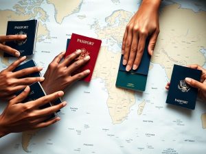 Harta lumii, pașapoarte, oameni din diaspora