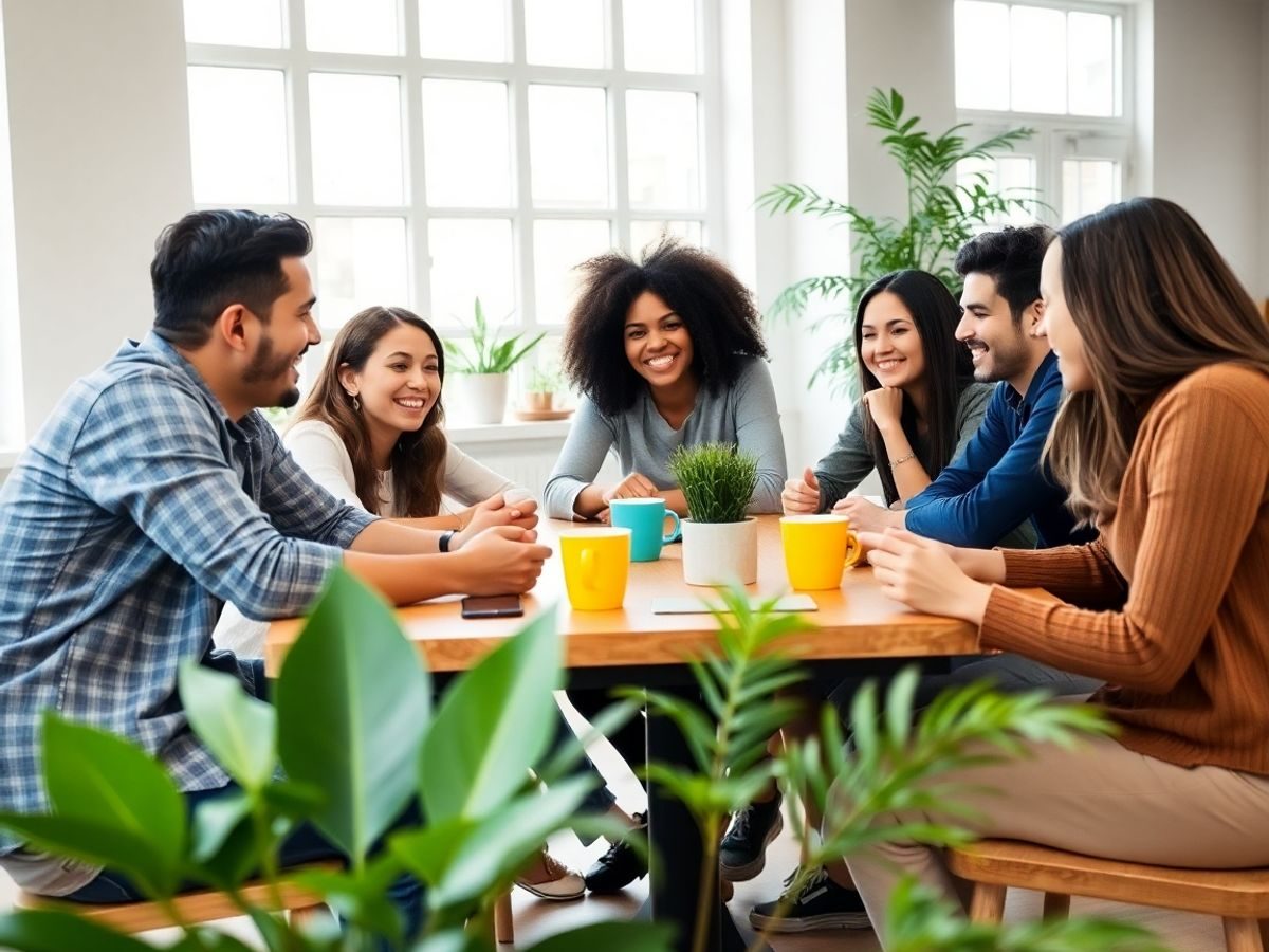 Tineri diverși discutând și zâmbind la masă într-o cameră luminoasă