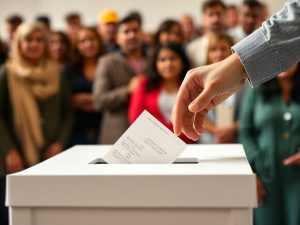 Oameni votând la o urnă de vot