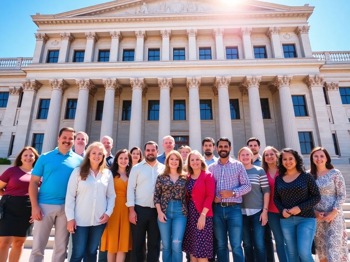 Grup divers de oameni uniți în fața clădirii parlamentului.