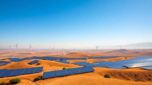 Turbine eoliene și panouri solare pe un fundal natural.