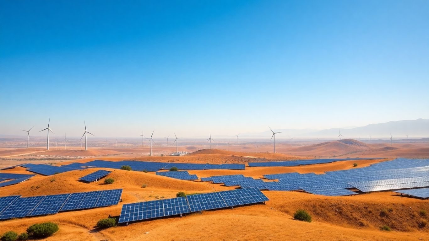 Turbine eoliene și panouri solare pe un fundal natural.