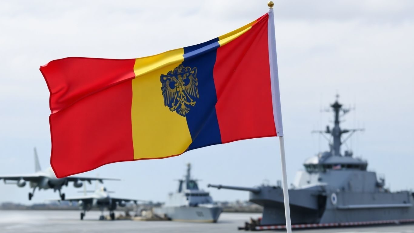 Steagul României flutură lângă avioane și nave militare.