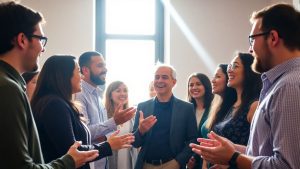 Oameni discutând constructiv în lumina soarelui.