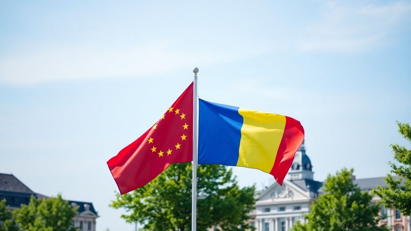 Drapelele UE și României în fața clădirilor oficiale.