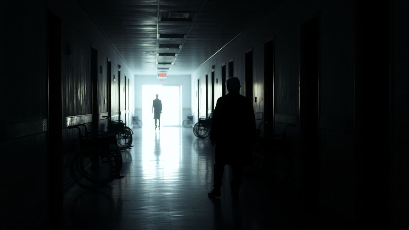 Pacient vulnerabil singur într-un coridor de spital pustiu.