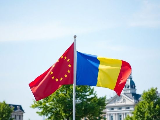 Drapelele UE și României în fața clădirilor oficiale.