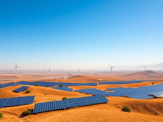 Turbine eoliene și panouri solare pe un fundal natural.