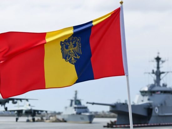 Steagul României flutură lângă avioane și nave militare.
